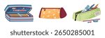 Kids Pencil Cases Set in Flat Style on White Background. Colorful School Supplies Collection for Boys and Girls. Perfect for Back to School Campaigns, Children
