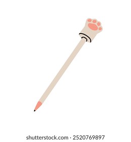 Kids pencil with cute cats paw cap, funny playful decor. Childish stationery, sketching and drawing tool, art supplies. Creative school accessory. Flat vector illustration isolated on white background