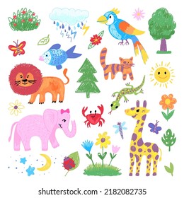 Kids pencil drawing  Child crayons design  children drawings color animals  Art giraffe  lion   elephant  Baby zoo wild animals neoteric vector set