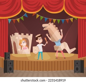 Kids performance. children show fairy tale stories on stage kids in cardboard costume. vector