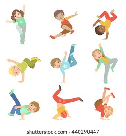 Kids Performing Modern Dance Set Of Cute Big-eyed Characters Flat Vector Isolated Illustrations On White Background