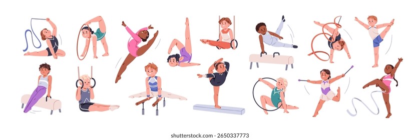 Kids performing rhythmic artistic gymnastics exercises with ribbon, hoop, bars. Boys and girls, children athletes during acrobatics training. Flat vector illustrations isolated on white background