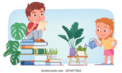 Kids Persons Enjoying Leisure Hobbies At Home Set. Boy Child Sitting On Books Stack Writing Story In Notebook, Girl Growing, Watering Potted Plants. Weekend Activity Flat Vector Illustration