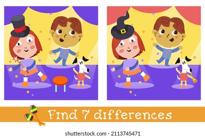 Сute kids and pet dancing. Characters in cartoon style. Find 7 differences. Game for children. Vector full color illustration.