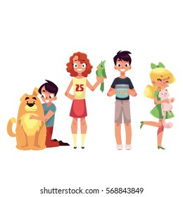 Kids with pets - dog, cat, parrot and golden fish in aquarium, cartoon vector illustration isolated on white background. Set of children with their pets like dog, cat, parrot and golden fish