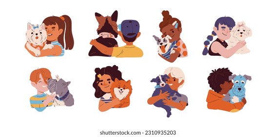 Niños con perros mascotas. Retratos de personajes con cachorros. Niños y niñas felices y sonrientes abrazan a los animales. Los niños y sus mejores amigos. Colección vectorial plana de dibujos animados aislada en fondo blanco