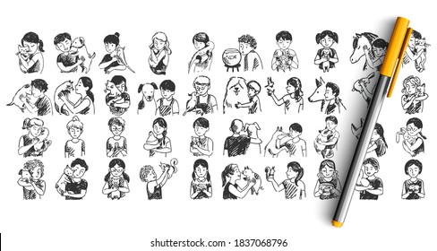 Kids with pets doodle set. Colelction of pen pencil ink hand drawn sketches templates pattern of children boys girls with domestic animals dogs cats horses pigs hamsters. Illustration of human friends