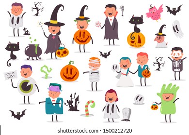 Kids and pets Halloween costumes vector cartoon set of cute boy and girl characters isolated on white background.