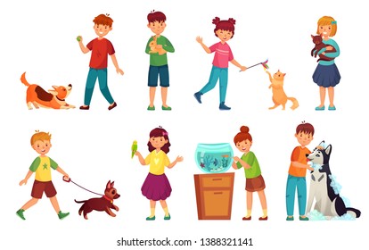 Kids with pets. Kid hug pet, child love animals and playing with dog or cute cat cartoon vector illustration set