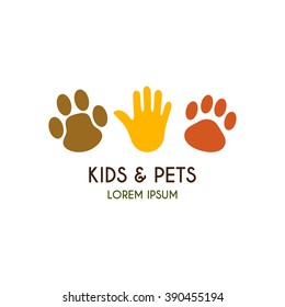 Kids and pets logo template. Creative vector symbol of zoo. Icon of palm of the child,  paw of a puppy and paw of a kitten.