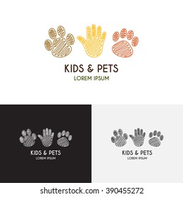 Kids and pets logo template in liner style. Creative vector label for zoo. Icon of a palm of the child, paws of a puppy and a kitten.