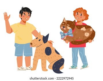 Kids pets owners, flat cartoon vector illustration isolated on white background. Happy children with their cute cat and dog. Kids loving animals.