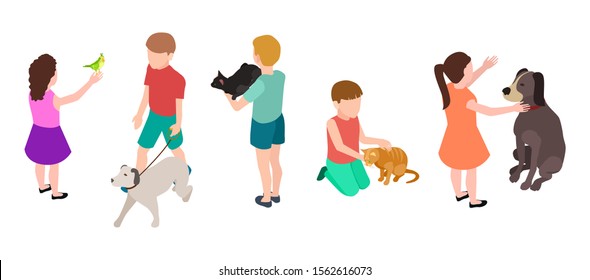 Kids and pets. Pet care concept. Isometric children and dogs, parrot, cats vector set