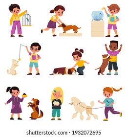 Kids with pets. Smiling children with domestic animals, pet and little owner, cats and dogs, birds and fish, responsibility and care. Boys and girls playing and feeding vector cartoon isolated set