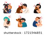 Kids petting dogs. Children hugging dog pets vector illustration, happy girls and smiling boys with puppies image, domestic licking animals and playing owners best friends