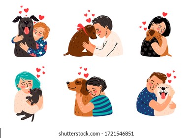Kids petting dogs. Children hugging dog pets vector illustration, happy girls and smiling boys with puppies image, domestic licking animals and playing owners best friends