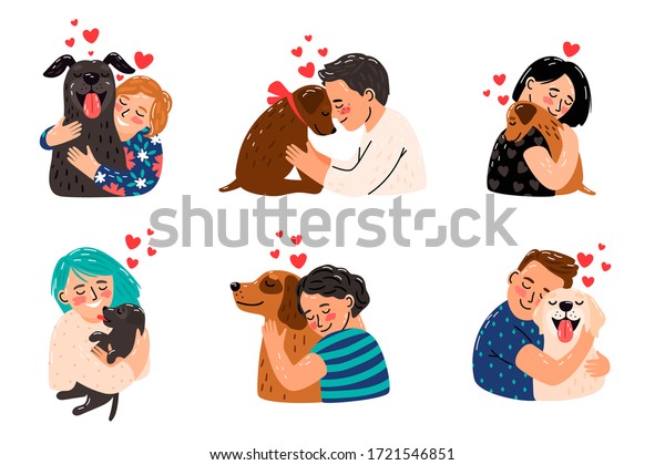 犬にペッティングをする子供たち 子どもたちが犬 のペットのベクターイラスト 幸せな女の子 子犬のイメージを持つ笑顔の男の子 家庭でなめる動物 飼い主の親友を抱く のベクター画像素材 ロイヤリティフリー