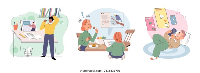 Kids with phone. Vector illustration. The concept kids with phones illustrates intersection technology and childhood Toddlers are becoming proficient at using mobile phones from early age
