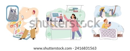 Kids with phone. Vector illustration. Kids engagement with technology and phones has both positive and negative implications The use digital devices, including smartphones, shapes kids learning