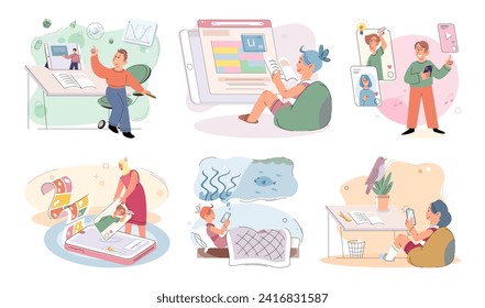 Kids with phone. Vector illustration. The smart use technology enhances kids studying abilities Online platforms provide convenient learning opportunities for kids The metaphor kids with phones