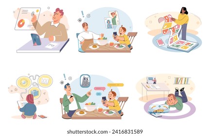 Kids with phone. Vector illustration. The use digital devices, including smartphones, shapes kids learning experiences Kids attachment to their phones raises concerns about their offline interactions