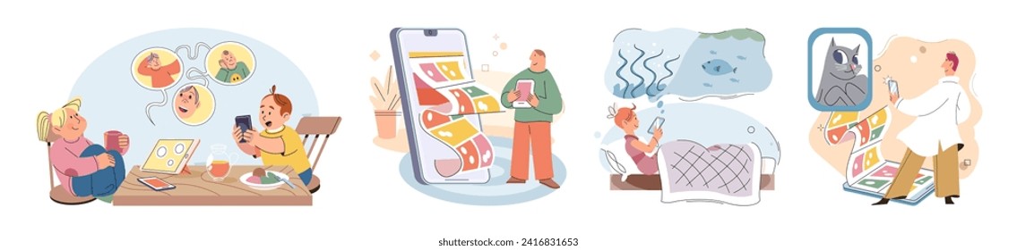 Kids with phone. Vector illustration. The use mobile phones enhances kids learning experiences Smartphones have become portable sources information for kids The telephone has evolved into smart phone