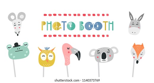 Kids photo booth props set vector illustration. Collection of animals heads, masks for birthday party or event with photobooth shooting 