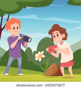 Kids photographers. Boy and girl making photo vector cartoon background