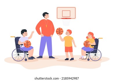 Kids With Physical Disability And Teacher Playing Basketball. Coach And Children In Wheelchairs At Gym Flat Vector Illustration. Sports, Inclusion, Disability, Social Protection Concept For Banner