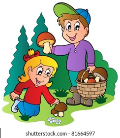 Kids picking up mushrooms - vector illustration.