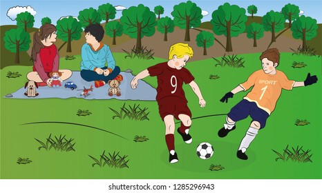 Kids at the picnic are playing and talking. Vector children are having fun outside