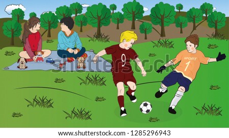 Kids at the picnic are playing and talking. Vector children are having fun outside
