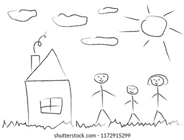 Kid's picture of family with one child and house, vector