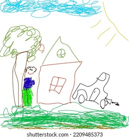 Kids Picture With Home, Human, Tree And Car