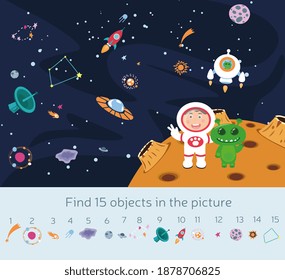 Kids picture puzzle with planets and spacecraft in outer space and an astronaut and alien with 15 objects below to be found in the picture, colored vector illustration