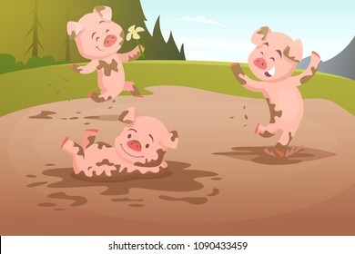 Kids pigs playing in dirty puddle