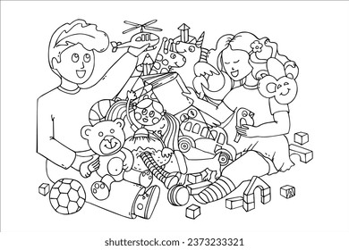 Kids with Pile of Toys. Coloring page.  Puzzle Visual Game for children. Education game for children. Line Sketch Vector illustration.
