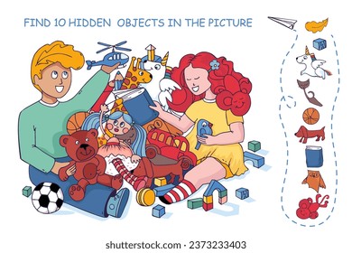 Kids with Pile of Toys. Find Hidden 10 Objects in the Picture. Puzzle Visual Game for children. Education game for family celebration, school, party, magazines. Sketch Vector illustration