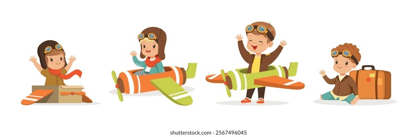 Kids in Pilot Costumes and Toy Plane Playing and Have Fun Vector Set