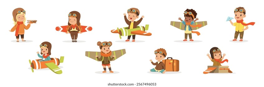 Kids in Pilot Costumes and Toy Plane Playing and Have Fun Vector Set