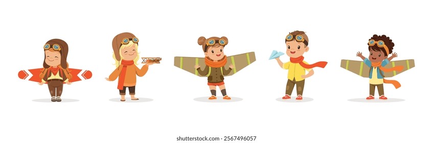 Kids in Pilot Costumes and Toy Plane Playing and Have Fun Vector Set