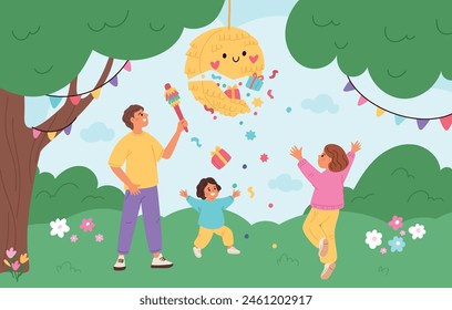 Kids with pinata. Father helps children develop paper decoration with gifts or confetti. Birthday celebration party entertainment. Toy hanging on tree. Nature meadow