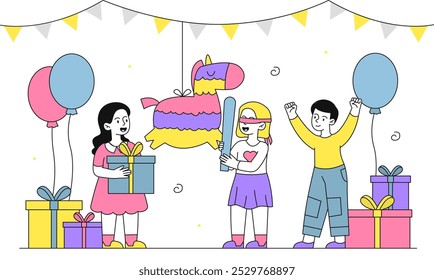 Niños con juego de piñata. Un niño y una niña con los ojos vendados golpearon un juguete con una mordedura. Fiesta tradicional americana y festival. Fiesta y evento mexicano. Ilustración vectorial lineal aislada sobre fondo blanco