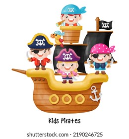 Kids pirate captain and sailor characters, Watercolor Clipart