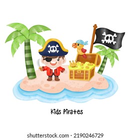 Capitán de pirata infantil y personajes de marinero, Watercolor Clipart
