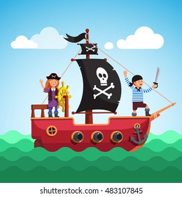 Kids pirate ship with boy and girl captain at the helm (steering wheel) sailing in the sea with black flag and sail decorated with scull and crossed bones. Flat style vector cartoon illustration.