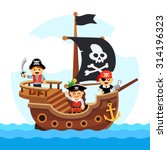 Kids pirate ship sailing in the sea with black flag and sail decorated with scull and cross bones. Flat style vector cartoon illustration isolated on white background.