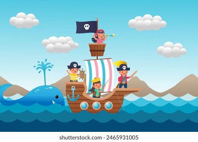 Barco pirata para niños navegando en el mar con la bandera negra de la calavera. Ilustración de dibujos animados de Vector de estilo plano.