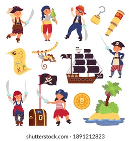 Kids pirates characters. Cartoon funny children, ocean adventures collection. Ship treasure map, hook captain in costume decent vector set