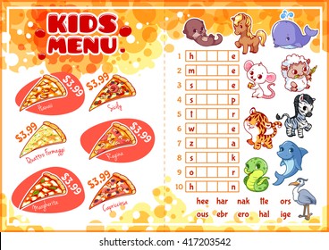 Kids pizza carte for fast-food with a game. Template menu A4 size horizontal orientation.